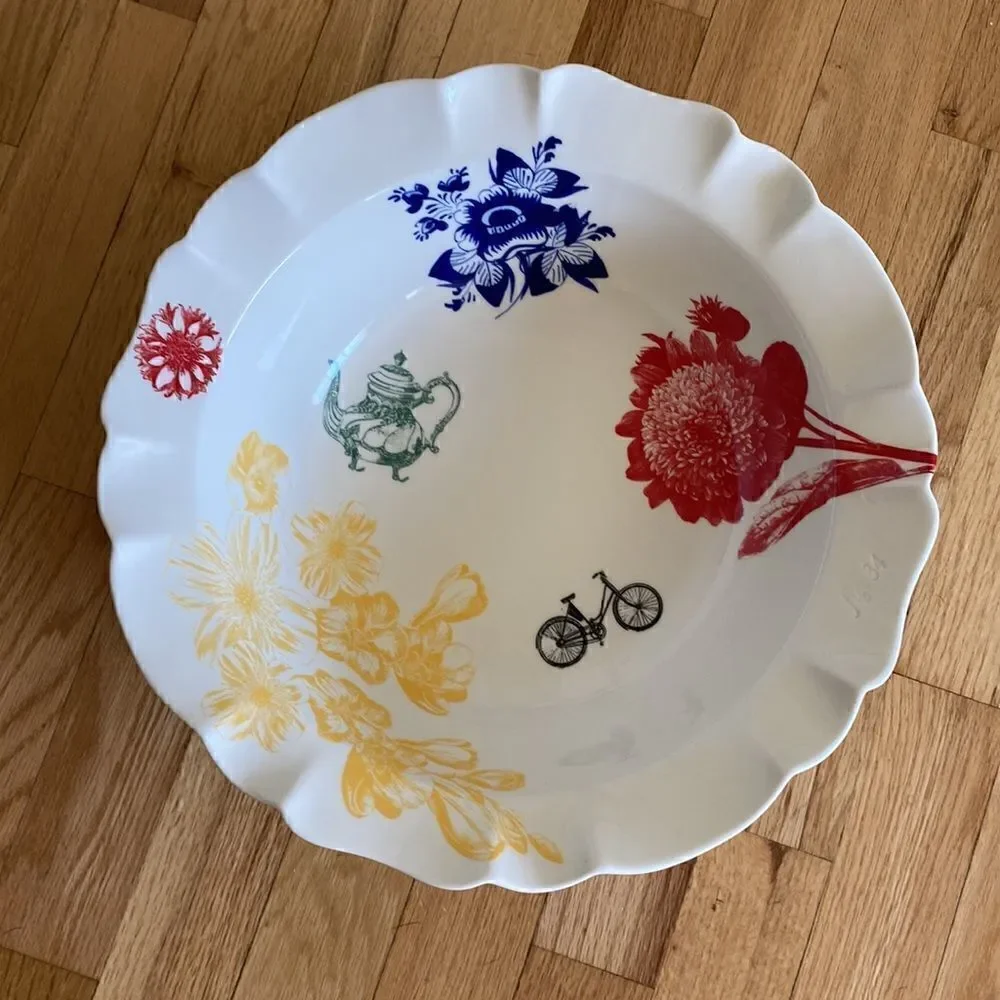 Anthropologie Large Serving Bowl White Floral Decorated Fleur 13”